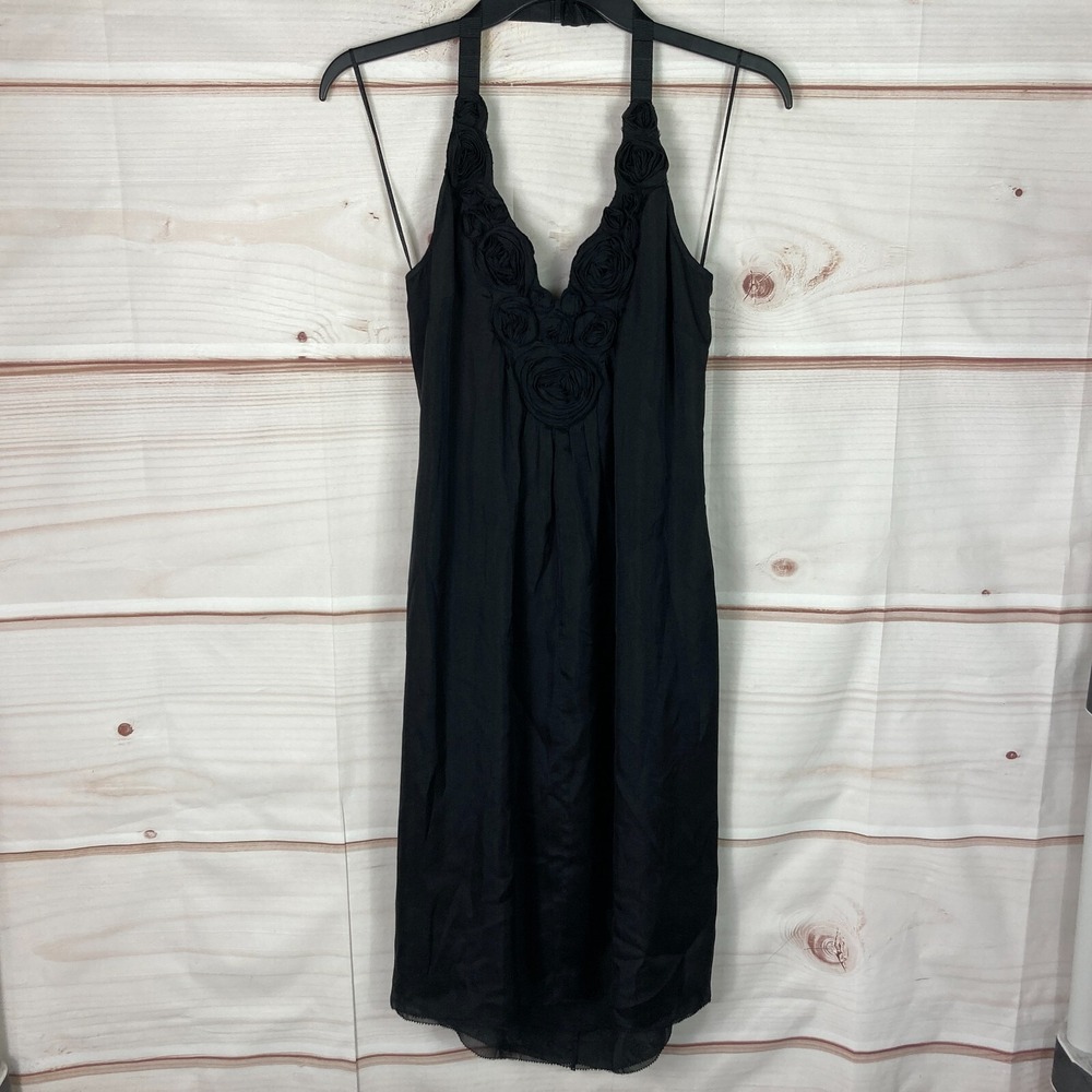 Catherine Malandrino Dress Womens 6 Black Silk Slip Halter Applique Sleeveless